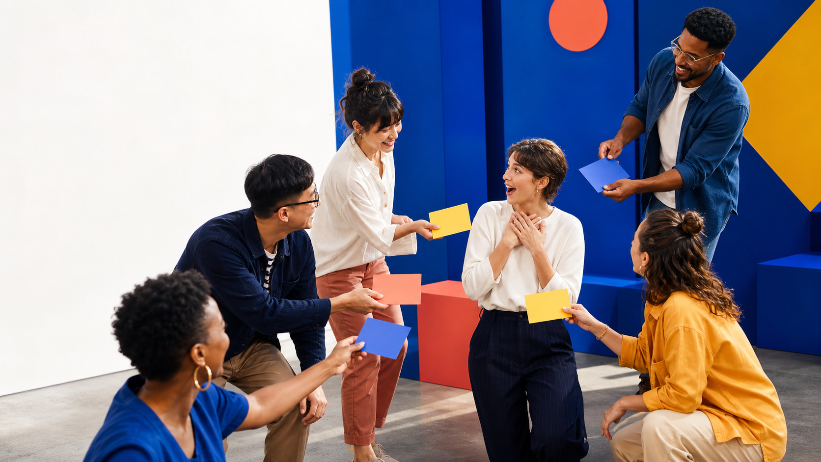 Six coworkers pass colorful appreciation cards toward a surprised colleague during a lively recognition moment.